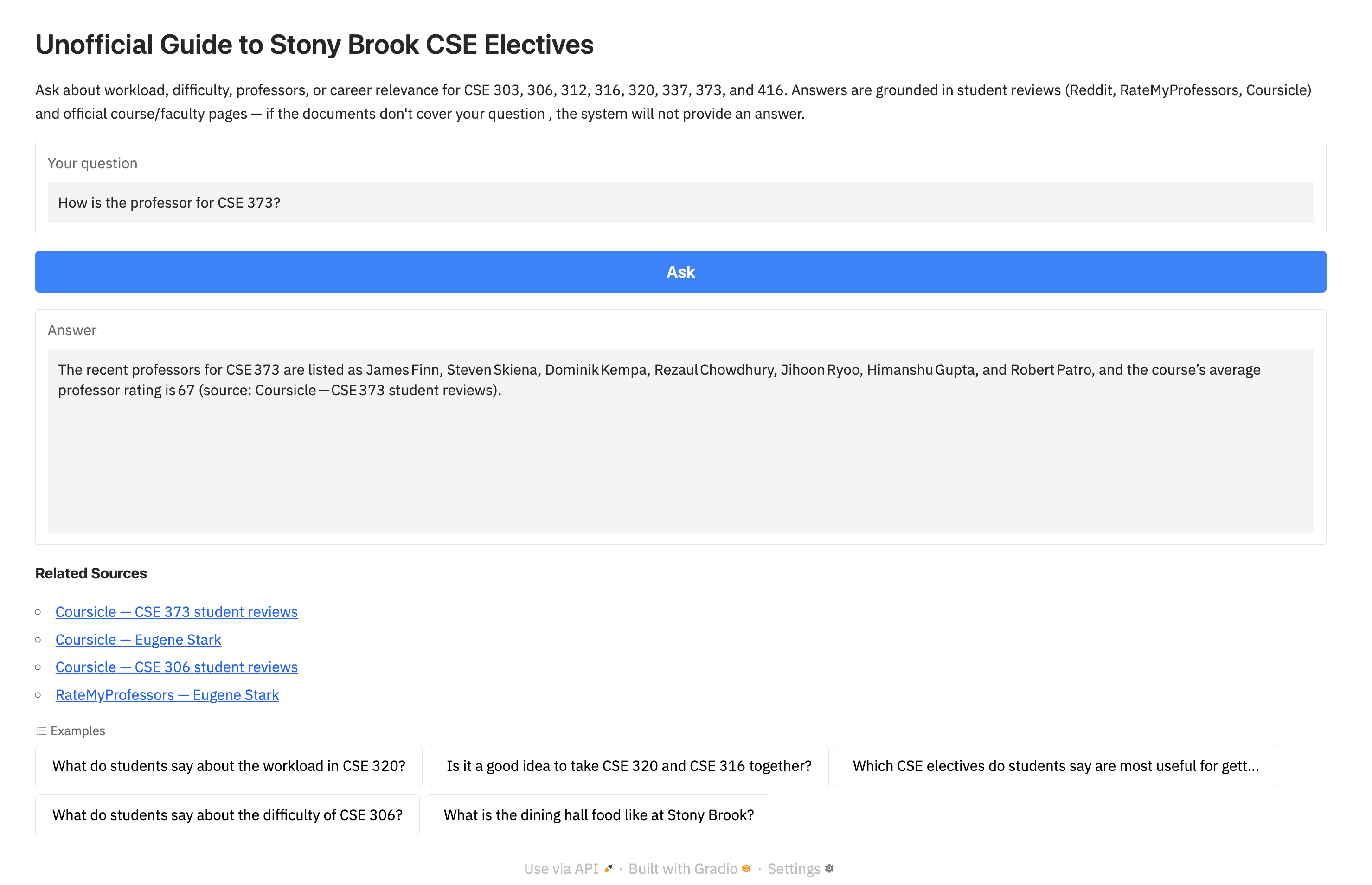 AI Course Explorer interface for asking questions about Stony Brook upper-division CSE electives