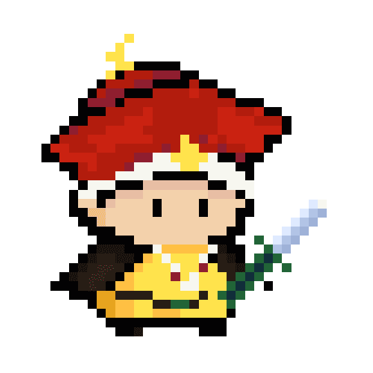 Pixel-art sprite of the Shattered Sword player character in a red hat, holding a sword